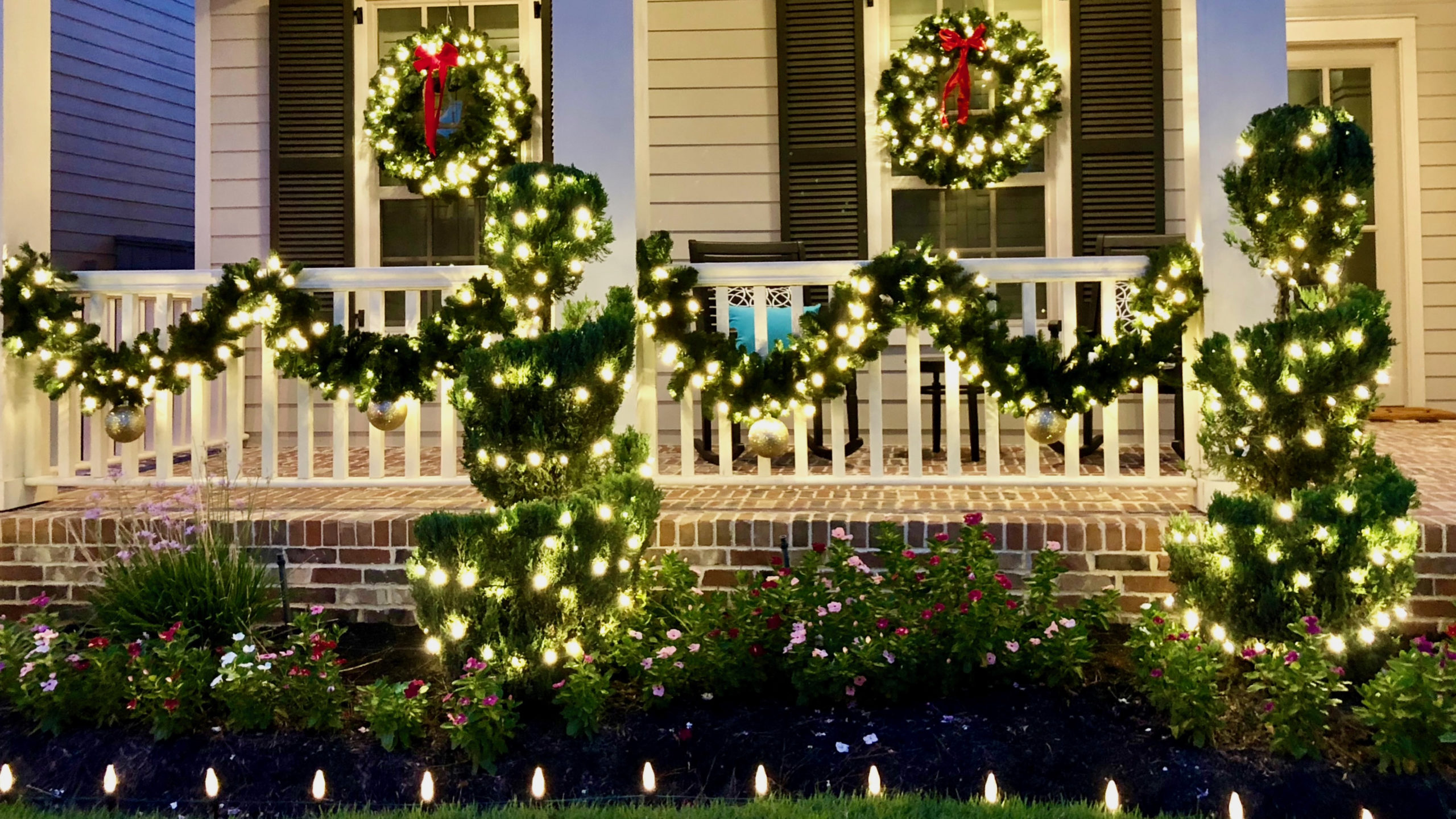 lights and garland on porch