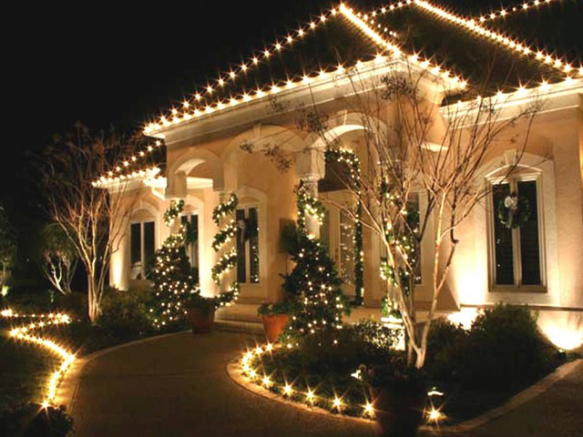 House with Christmas lights in trees.