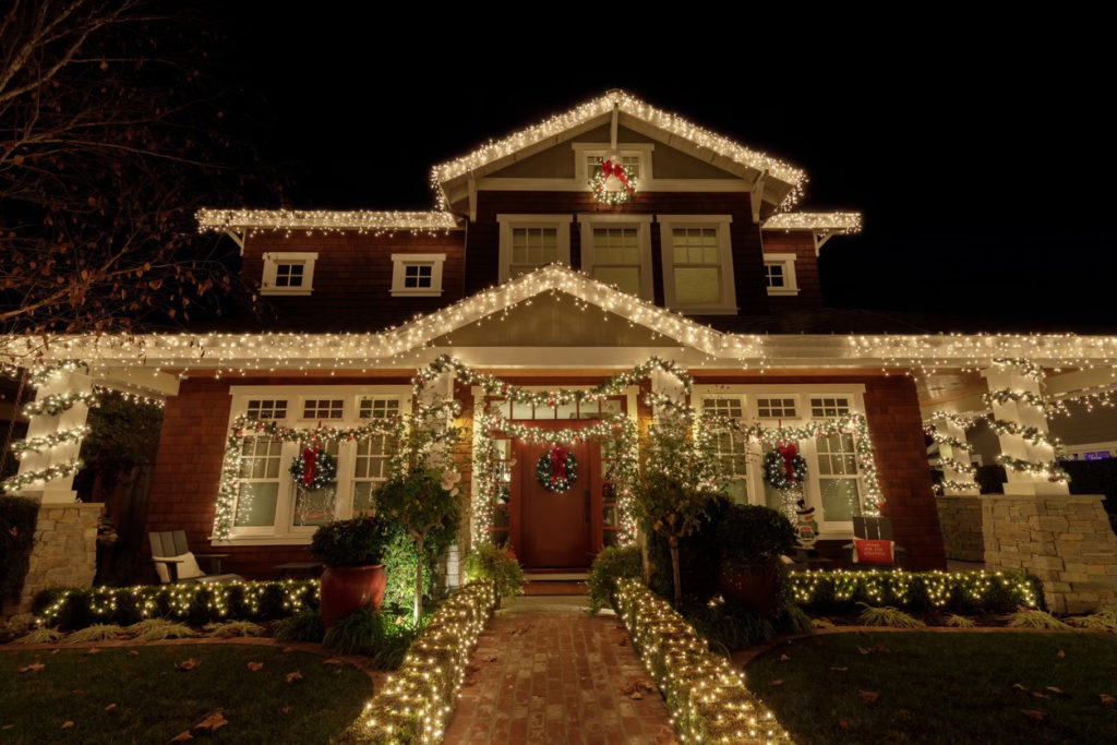 Christmas lights and flower beds
