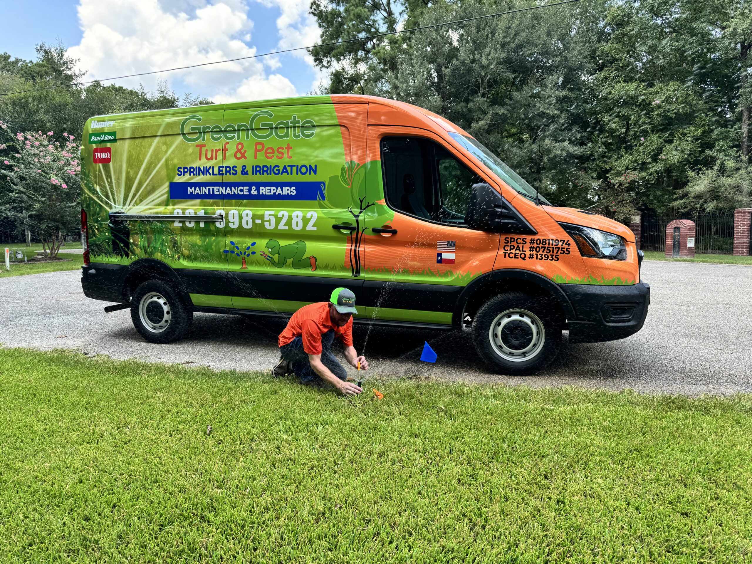 GreenGate worker installing irrigation sprinkler system in Houston, TX