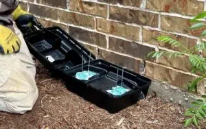 GreenGate Pest Technician servicing a rodent bait box for rat control