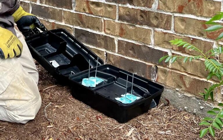 GreenGate Pest Technician servicing a rodent bait box for rat control