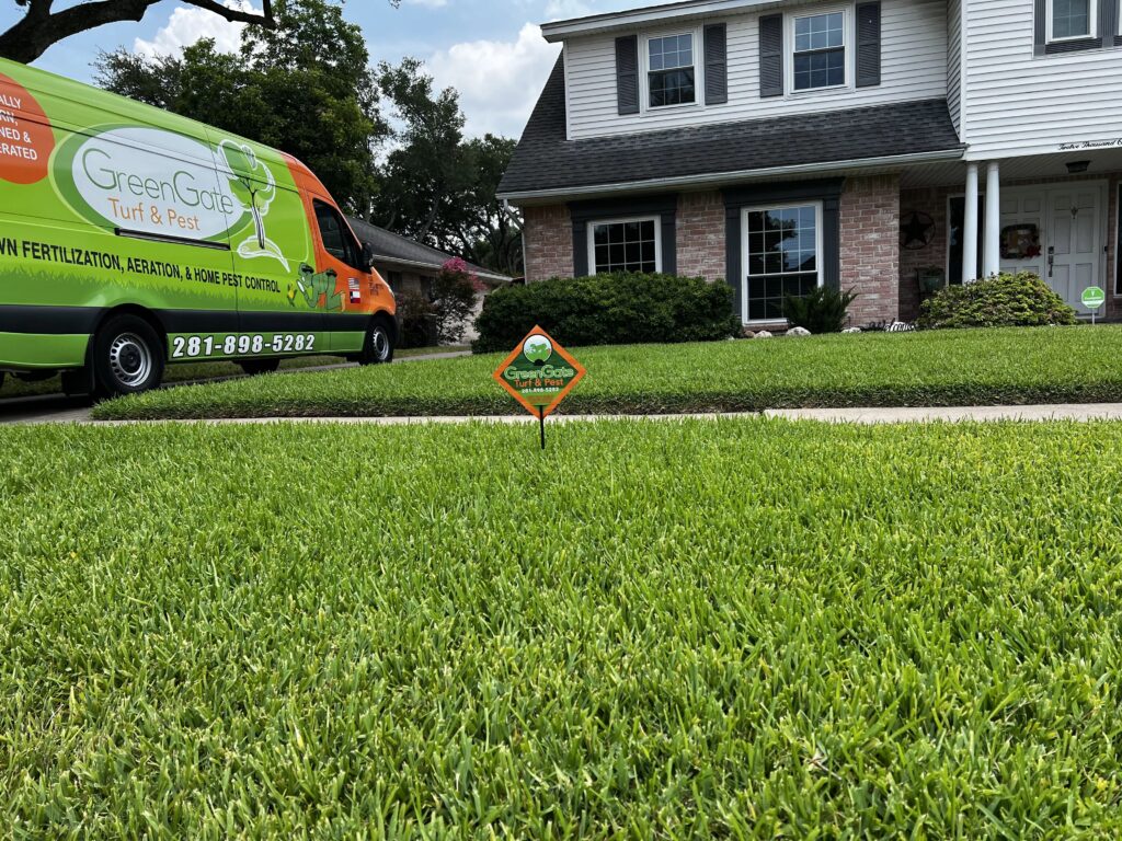 GreenGate Turf & Pest Technician Van at a Lawn Customer Customer's home in Atascocita completing Lawn Fertilizer Service & Weed Control
