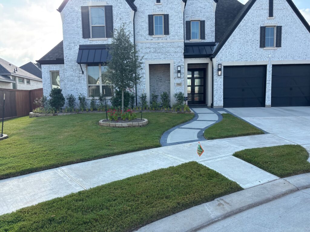 Green lawn and a white house during a lawn fertilization and lawn insecticide treatment