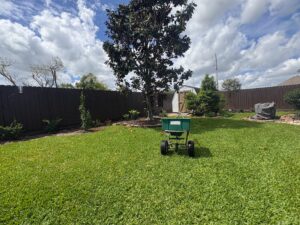 Fertilizer Spreader in a green lawn with no weeds; weed definition is any plant that is unwanted
