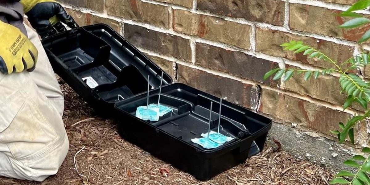 GreenGate Pest Technician servicing a rodent bait box for rat control